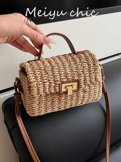 This Is A Stylish Handmade Woven Straw Tote Bag With A Mini Flap Design-An Elegant Summer Beach Vacation Shoulder Bag. Lightweight And Fashionable, It's Perfect For Casual Outings. This Versatile Straw Tote Bag, With Its Unique Vintage Style, Is Suitable For Various Occasions Such As Travel And The Beach.