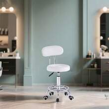Taburete Redondo Giratorio, Se Puede Girar 360°, Cuenta con Respaldo, Adecuado para Salones de Belleza, Spas y Taburetes de Trabajo para Peluqueros, Diseñado para Prevenir el Enredado del Cabello, Equipado con Ruedas Esféricas de Aleación y Patas de Soporte Reforzadas Silla de oficina ergonómica de 1 pieza - Diseño cómodo, sin sedentarismo, levantable y rotativo, con botón de empuje, estructura de plástico duradera, ideal para uso de computadora en casa en el salón o estudio, silla de oficina - Blanco - Ver 2