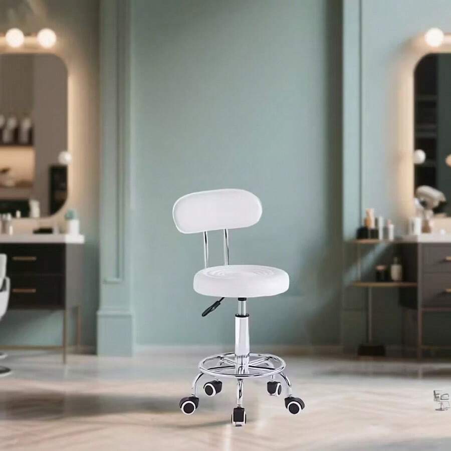 Taburete Redondo Giratorio, Se Puede Girar 360°, Cuenta con Respaldo, Adecuado para Salones de Belleza, Spas y Taburetes de Trabajo para Peluqueros, Diseñado para Prevenir el Enredado del Cabello, Equipado con Ruedas Esféricas de Aleación y Patas de Soporte Reforzadas Silla de oficina ergonómica de 1 pieza - Diseño cómodo, sin sedentarismo, levantable y rotativo, con botón de empuje, estructura de plástico duradera, ideal para uso de computadora en casa en el salón o estudio, silla de oficina