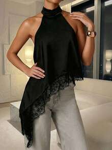 女士黑色蕾丝边缎面吊带背心，无袖不对称下摆上衣，正式优雅晚宴派对服装 (YY1211) - 黑色 - 查看 5