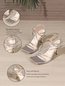 Giày sandal cao gót mũi vuông màu bạc dành cho nữ, thời trang và gợi cảm, giúp kéo dài đôi chân, đa năng cho sinh hoạt hàng ngày, đi làm, hẹn hò, dự tiệc, thanh lịch. - Bạc - Xem 6