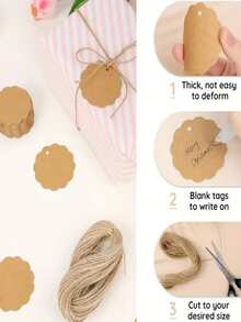 30/50/100 piezas Etiquetas de regalo de papel con forma de abanico de estilo bohemio con cuerda de yute natural, etiquetas de regalo de papel kraft redondas, adecuadas para fiesta de cumpleaños, decoración de boda, manualidades, bolsas de regalo de boda DIY (Blanco-Marrón) - Marrón - Ver 4
