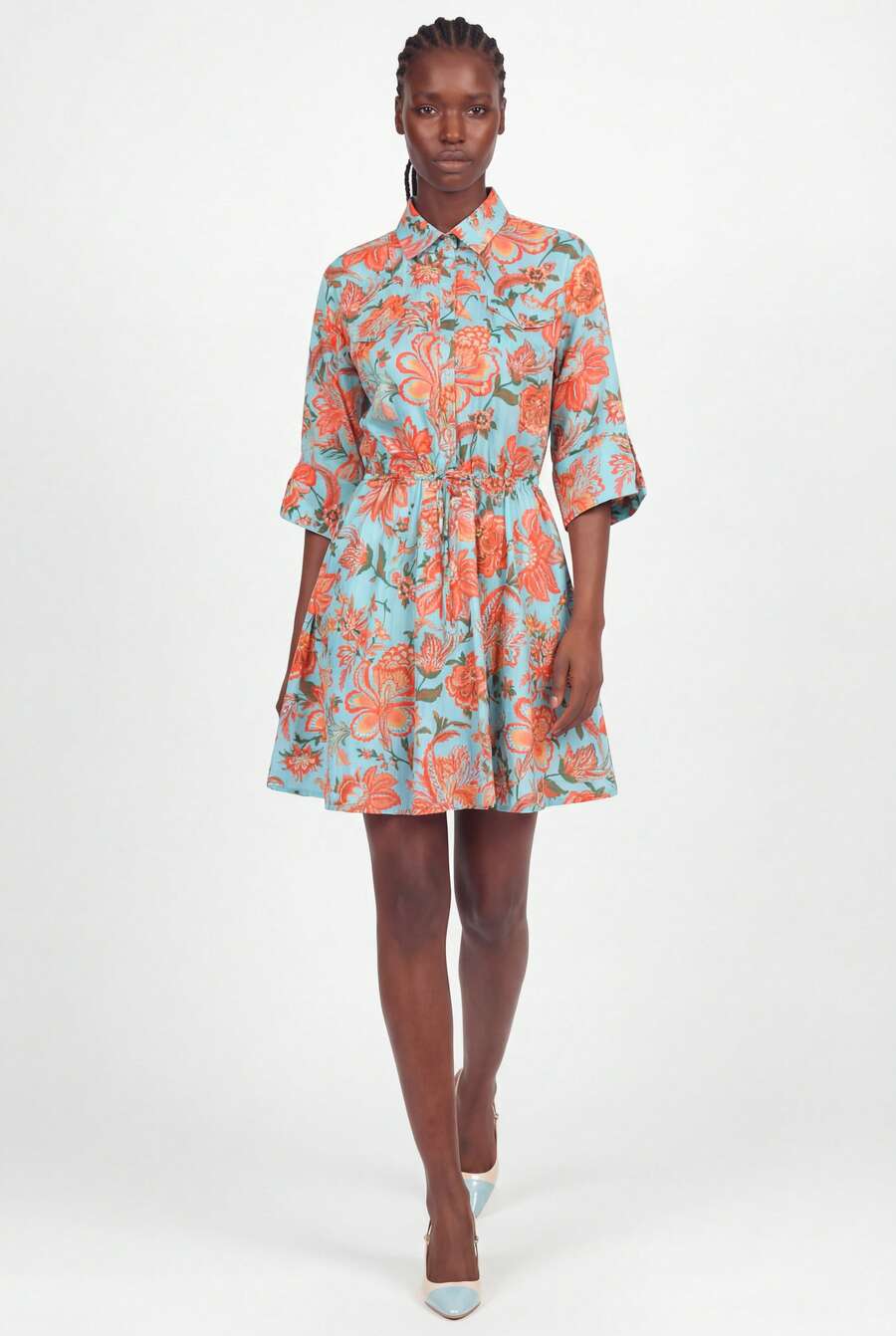 Naf Naf TURQUOISE/ORANGE SHIRT DRESS Robes Courtes Orange Fabric - 橘色 - 查看 1