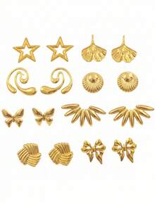 8 Pairs Earrings Set For Women, Exaggerated Irregular Earrings Personalized Stud Earring For Women Leaf,Star,Bow Earring For Girls,Hypoallergenic Non-Fading Waterproof Gold Big Earrings Stud Multi Style Size Earrings Spring European American Ins Style - Gold - View 18