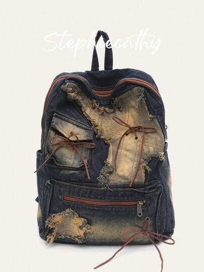 Women's Backpack Vintage Niche Design Washed Fabric Large Capacity Travel Bag Fit Laptop Zipper Closure Multi Pockets Bow Knot Decoration Slouchy Big Casual Street Style Knapsack Holiday College Outdoor Outing