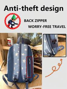 防盗多隔层星形印花学院风尼龙双肩包，可装15.6英寸笔记本电脑，多口袋轻便书包，多功能书包，大容量旅行包 - 彩色 - 查看 4