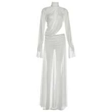 French Princess Elegant Temperament Fashionable Party Women's Sexy Perspective High Neck Trumpet Sleeve Top Slit Long Skirt Set - 白色 - 查看 6