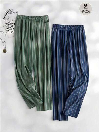 2pcs/Set Men's New Casual Pajama Pants, Contrast Color Striped Print, Relaxed Fit Comfortable Loungewear Bottoms, Spring/Summer