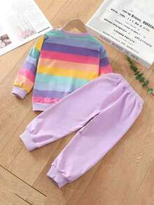 Baby Girls' Colorful Striped Crew Neck Long Sleeve Top And Pants Set, Spring/Autumn - Purple - View 2
