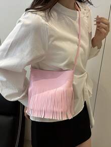 Nuevo bolso de mano de mujer de unicolor con borlas de moda, bolso de hombro diagonal tipo cubo de gran capacidad - Rosa - Ver 2
