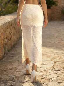 Women's Elegant Beige Sheer Lace Midi Skirt, Asymmetrical Hem High Waist Skirt, Summer Vacation Beach Outfit - Apricot - View 2