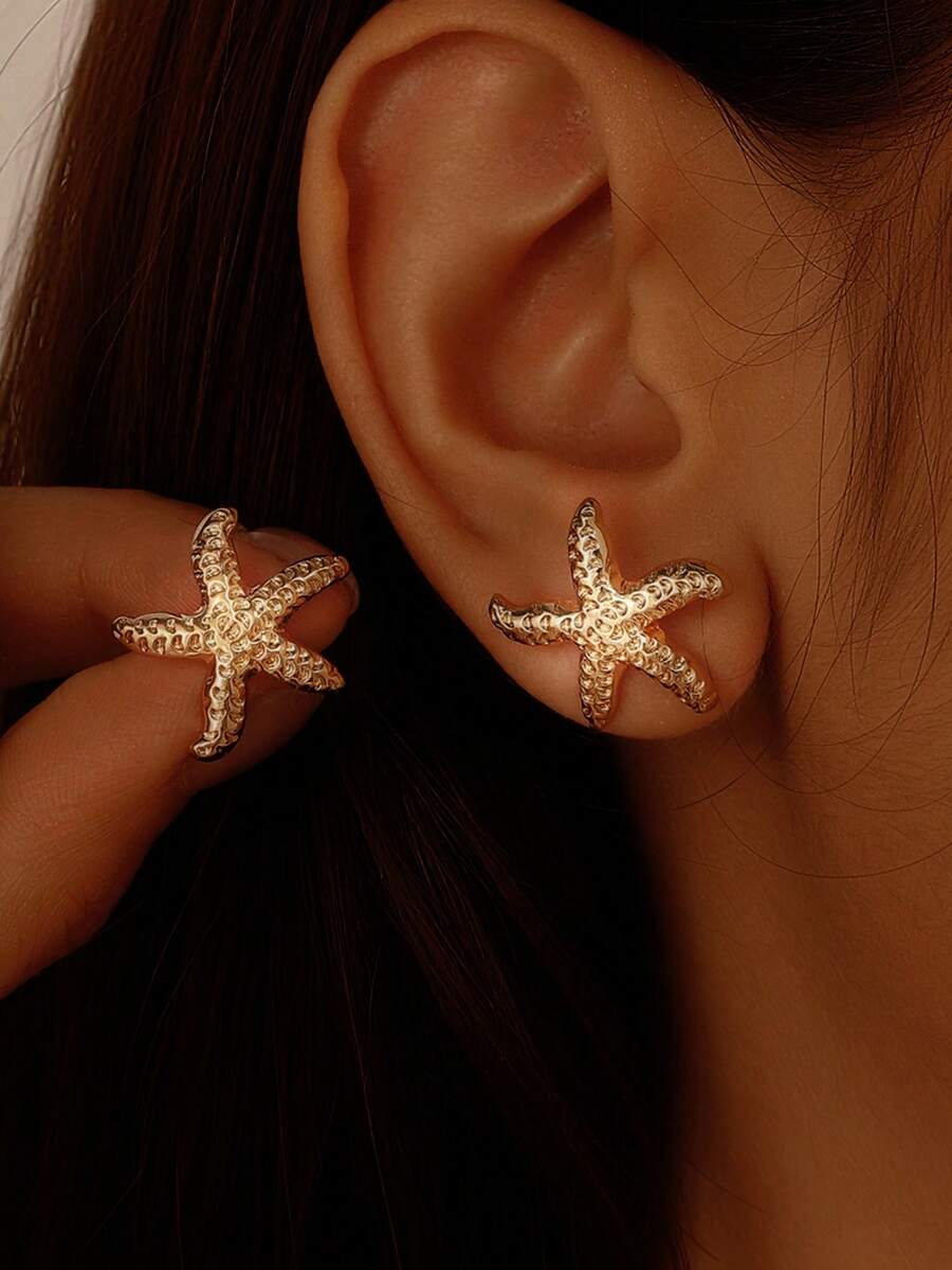 1对简约海星耳钉，适合海滩和日常佩戴 - 金黃色 - 查看 1