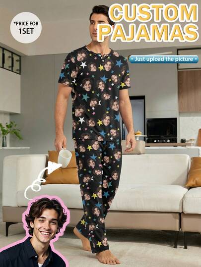 Conjunto de pijama personalizado para hombres, camiseta de manga corta y pantalón largo con estampado de estrellas, ropa de estar en casa cómoda y casual, opción de regalo