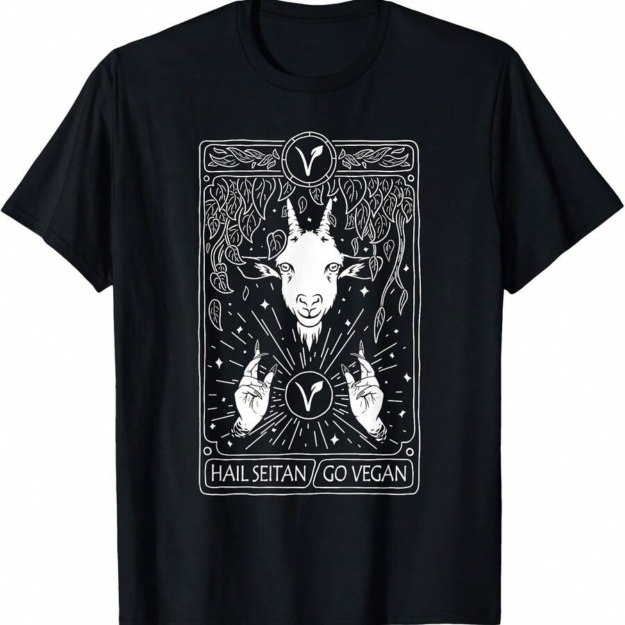 Camiseta vegana con diseño divertido de carta del tarot "Salve Seitán, sé vegano". - Negro 3 - Ver 1