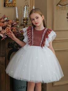 少女圣诞天鹅绒蕾丝荷叶袖珍珠纽扣亮片薄纱优雅花童礼服，适合女孩生日派对、婚礼、伴娘、节日庆典等场合。 - 白色 - 查看 2