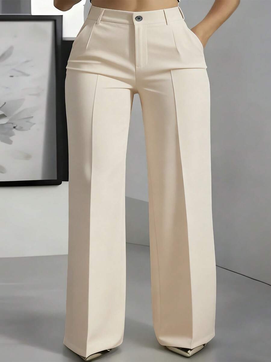 Plus Size Solid Color Button Pocket Zipper Office Minimalist Low-Waist Versatile Pants - Apricot - View 1