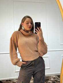 Knitted High Neck Blouse Puffed Sleeve Fang Point Winter - 裸體 - View 1