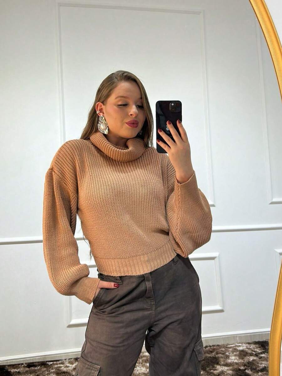Knitted High Neck Blouse Puffed Sleeve Fang Point Winter - 裸體 - View 1