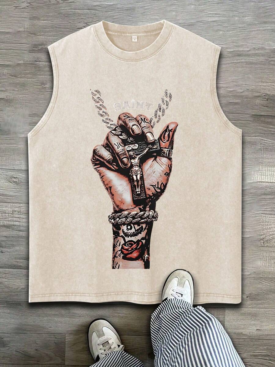 Sleeveless Printed Oversized T-Shirt, Y2K Style Street Fashion Men's Washed Vest (220g Pure Cotton), Vintage Pattern Fun Print, Hip-Hop Style - Apricot - View 1