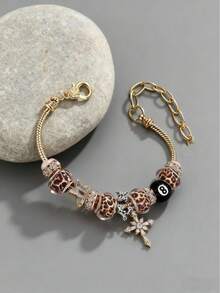 1pc Women's Adjustable Bracelet Set With Pool Ball, Heart, Flowers, Star, Cross Charms, Leopard Print & Time Charms For Women Party Jewelry Gift Valentines,Mom,Mother,Mother's Day,Gift - Pink - View 8