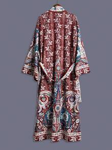 Traditional Cashew Flower Patterned Mid-Length Kimono Cover Up Thin Jacket, Women Elegant Street Casual Loose Outerwear, Suitable For Beach, Travel, Vacation, Robe, Party, Dress - Coffee Brown - View 1