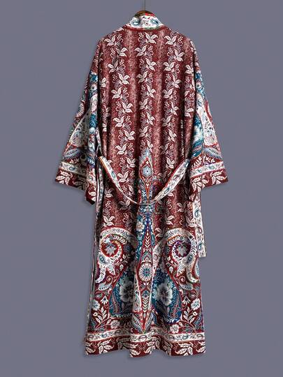 传统腰果花纹中长款和服式罩衫薄外套，女士优雅街头休闲宽松外套，适合海滩、旅行、度假、长袍、派对、连衣裙等场合。