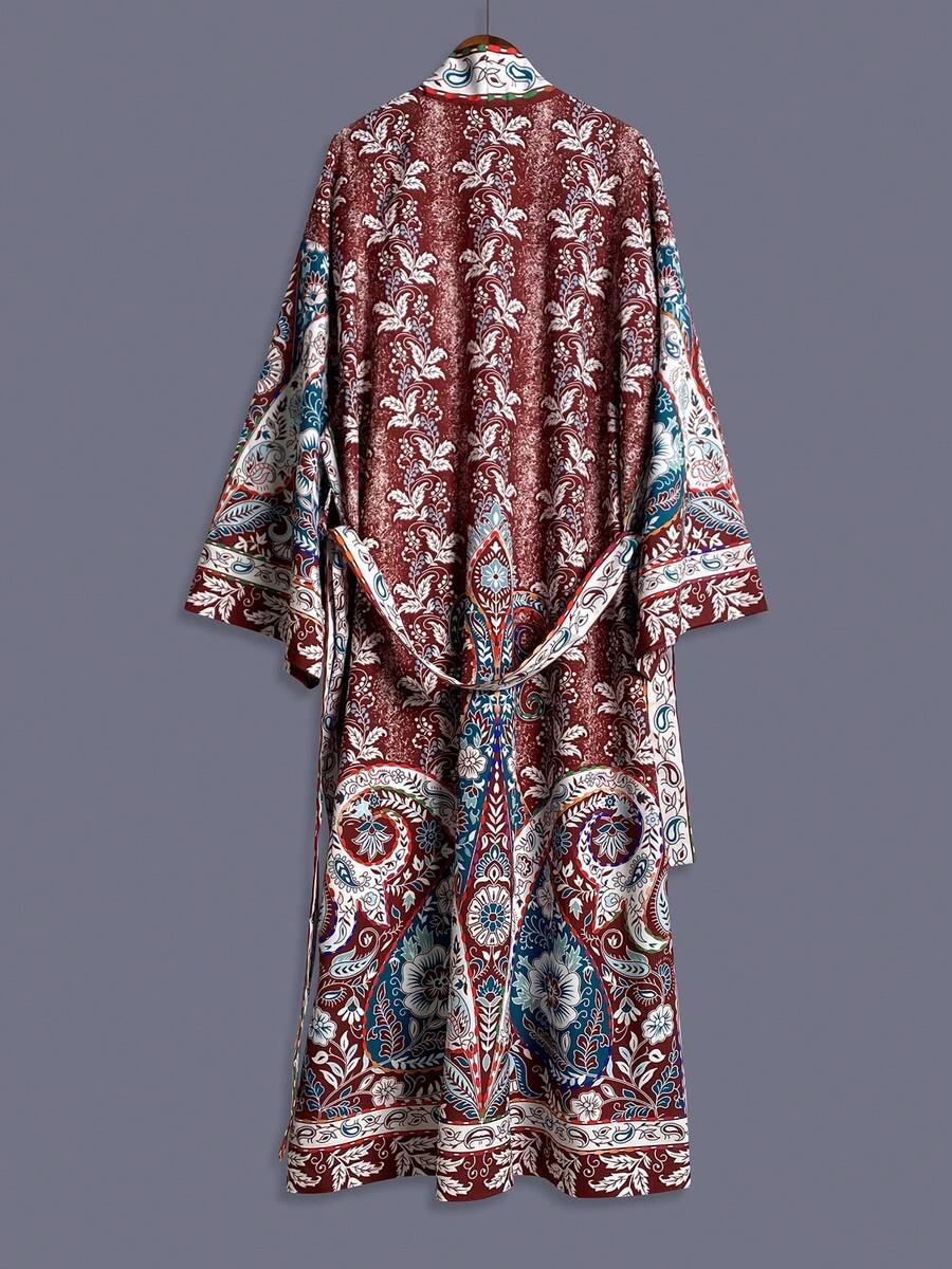 Traditional Cashew Flower Patterned Mid-Length Kimono Cover Up Thin Jacket, Women Elegant Street Casual Loose Outerwear, Suitable For Beach, Travel, Vacation, Robe, Party, Dress - Coffee Brown - View 1