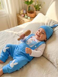 Baby Boy First Easter Outfit Bunny Long Sleeve Romper Suspender Pants And Knot Hat 3 Piece Spring Set - Blue - View 3