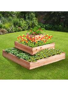 Raised Garden Bed, 3.7x3.7x1.7 Ft Wooden Planter Box, Outdoor Planting Boxes With Open Base, For Growing Flowers Vegetables Herbs In Backyard Garden Patio Balcony, Burlywood - 杏色 - 查看 9