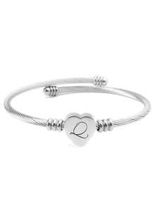 1pc Stainless Steel Heart-Shaped Bangle With 26 Alphabet Letters, Unisex Fashion Minimalist Style Bracelet, Suitable For Daily Wear, Parties, And Gifts - Silver - View 21
