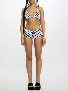 Y2k Bikini Sets For Women Halter String Triangle Top Bikinis Boy Shorts Set 2 Piece Bathing Suit Swimsuit - Black and White - View 4