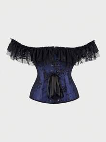 Corset Top Lace Off Shoulder Boned Overbust Corset Bustier  Bodyshaper Lingerie Top - 深藍色 - 查看 3