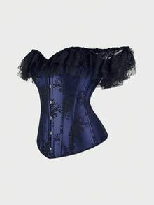 Corset Top Lace Off Shoulder Boned Overbust Corset Bustier  Bodyshaper Lingerie Top - 深藍色 - 查看 2