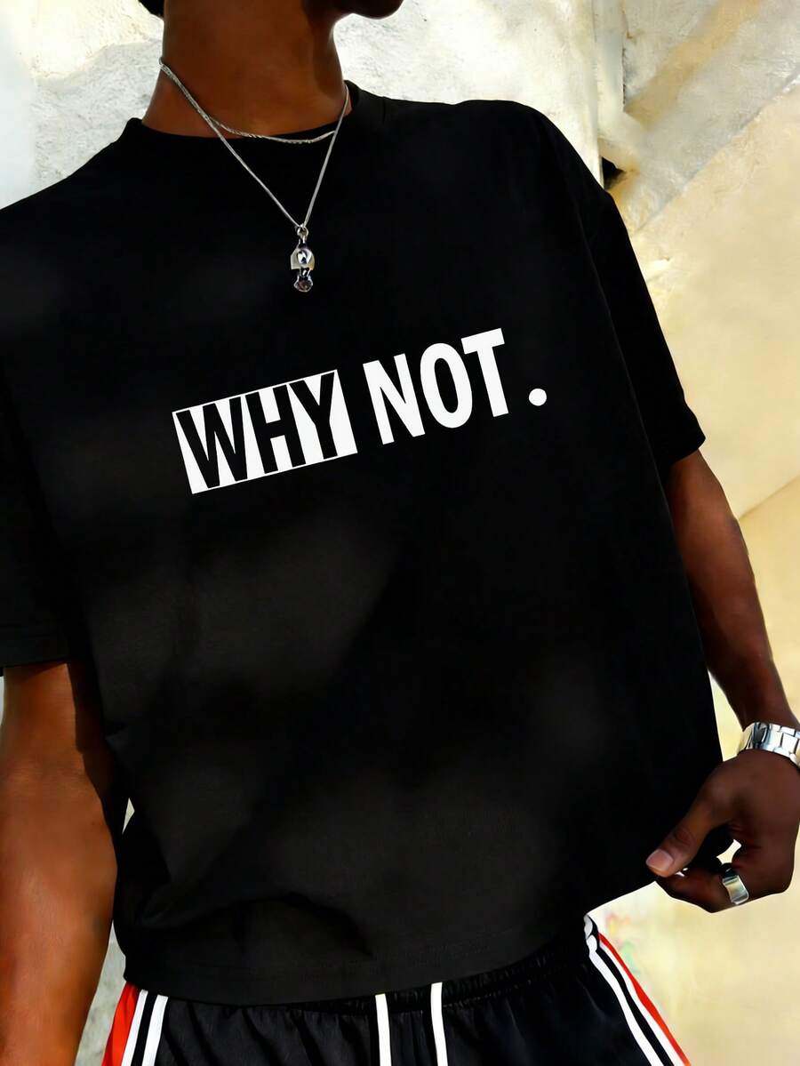 男士时尚休闲街头摇滚说唱风宽松短袖T恤 | 何乐而不为？英文印花 | 精致设计 | 春夏必备 | 百搭易穿，展现您的个人风格 - 黑色 - 查看 1