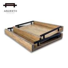 Set de 2 Bandejas de Servicio Rectangulares con Asa Acero Inoxidable y Melamina para Café Té Alimentos Decoración Estilo Vintage-B029 - Encino Vintage - Ver 7