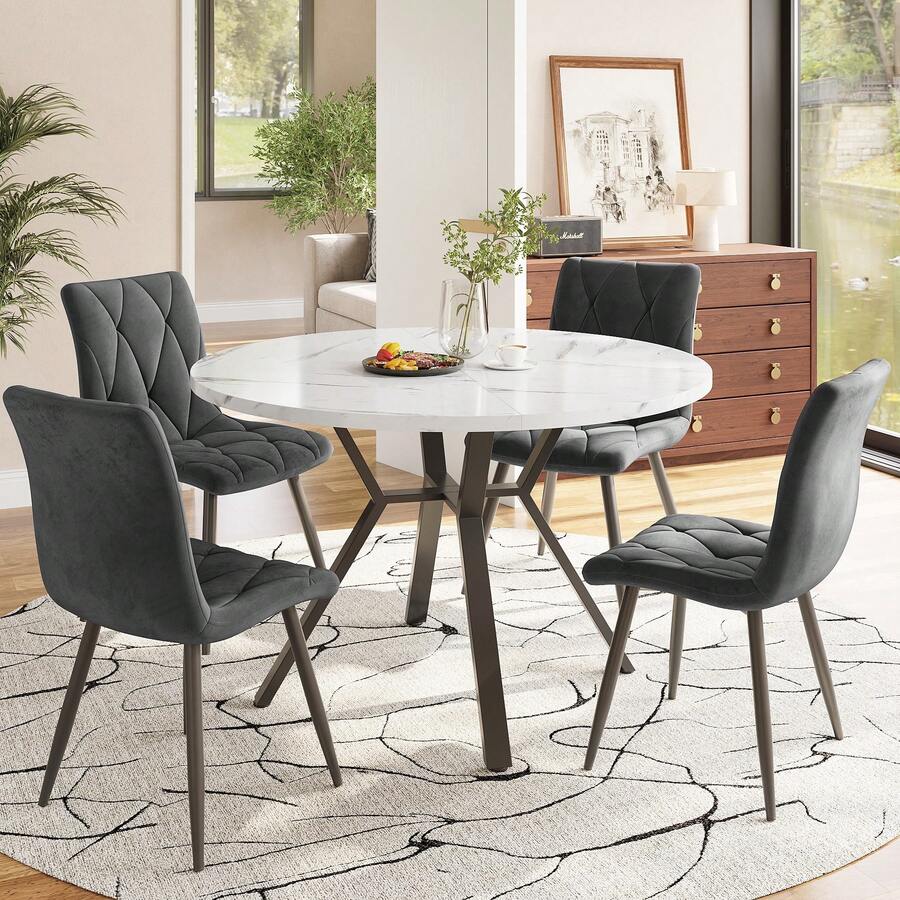 Dining Table And Chair Set (5 Pieces Total), Round Marble Dining Table. Black Metal Table Legs + 4 Optional Multicoloured Chairs. - Grey - View 1