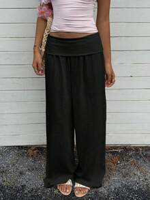 Women Cotton Linen Summer Palazzo Pants Wide Leg Lounge Pants Loose Straight Leg Solid Color Fold Over Low Rise Pants Casual Boho Beach Vacation Trous - Black - View 4
