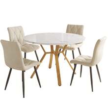 Dining Table And Chair Set (5 Pieces Total), Round Marble Dining Table. Gold Metal Table Legs + 4 Optional Multicoloured Velvet Chairs. - Beige - View 3