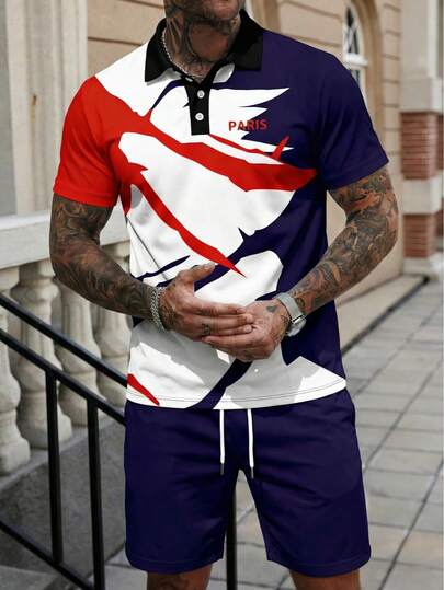 Men's Contrast Color Sports & Casual Short Sleeve Polo Shirt And Shorts Set Summer