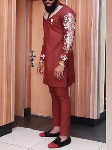 Men's Casual Long-Sleeved Two-Piece Suit, Mid-Length Top And Trousers - Đỏ - Xem 4