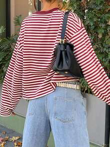 条纹撞色罗纹休闲宽松插肩袖上衣 - 酒紅杏色 - 查看 7