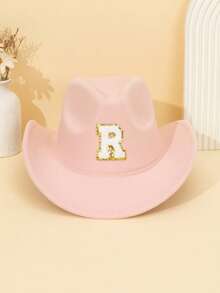 1pc Unisex Children's Letter Decor Pink Felt Brimmed Hat, 26 Letters Available, American Western Cowboy Style, Outdoor Casual Sun Hat For All Seasons, Suitable For Daily Wear, Parties, Outdoor Activities, Children's Gift - Pink - View 48