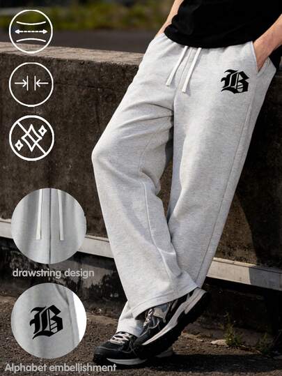 Men's Casual Sweatpants With Contrast Color Drawstring, Printed Details, Drapey Fabric, Comfortable And Flattering Silhouette For Relaxed Streetwear Look!