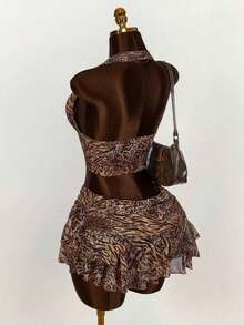 Women's Halter Backless Leopard Print Tank Top And Fashionable Low Waist Skirt Set - Cà phê nâu - Xem 7