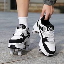 1 đôi giày trượt patin 4 bánh kiểu đường phố, bánh xe PU, giày trượt patin buộc dây có thể thu gọn dành cho thanh thiếu niên và người lớn - Đen và trắng - Xem 1