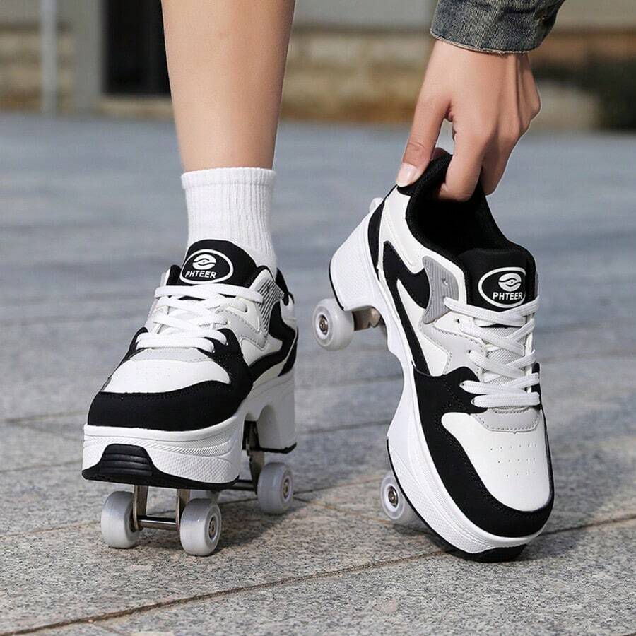 1 đôi giày trượt patin 4 bánh kiểu đường phố, bánh xe PU, giày trượt patin buộc dây có thể thu gọn dành cho thanh thiếu niên và người lớn - Đen và trắng - Xem 1