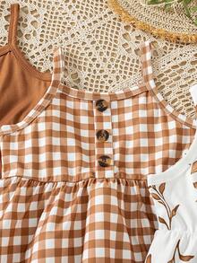 Bộ 3 món cho bé gái: Váy hai dây in hoa + Váy hai dây cài cúc màu trơn + Váy hai dây phối cúc in họa tiết kẻ caro. - màu nâu - Xem 5