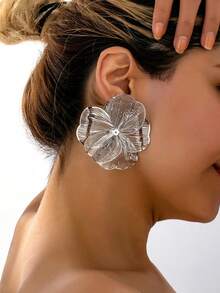 1 Pair Vintage Elegant Metallic Gold Textured Floral Pendant Earrings, Suitable For Women's Daily, Party, Holiday, Gift - 銀色 - 查看 1
