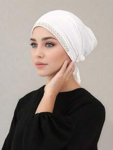 1 Stück modischer einfarbiger Perlen-Strass Muslima Stirnband, vielseitiger Schal-Kopfwickel, geeignet für den täglichen Gebrauch - Perlen-Strasssteine – Weiß - Übersicht 3