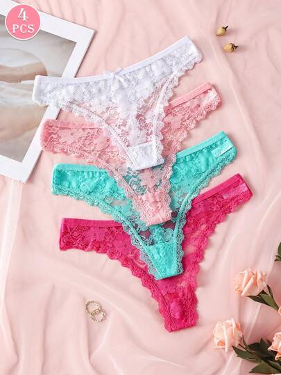 4pcs/Pack Solid Color Bow Lace Patchwork Women's Thong Panties, Soft & Comfortable Sexy Lingerie